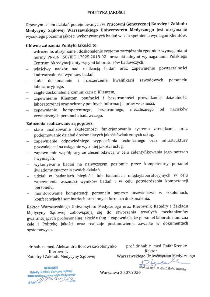 Polityka jakości 2026 Katedry i Zakładu Medycyny Sądowej WUM